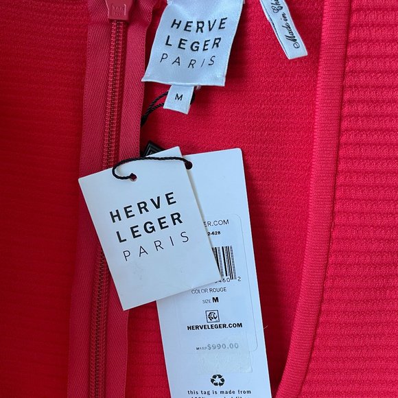 Herve Leger Paris Contour Corset Ribbed Knit Mini T-Shirt Body-con Dress in Red - Picture 3 of 7